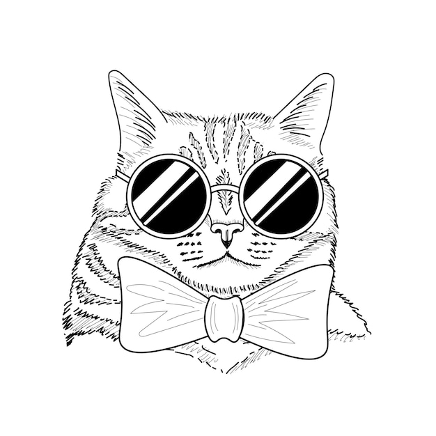 Hand drawn cat sketch wearing sunglasses and a bow tie