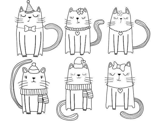 hand drawn cats. Cute Cat Doodle style.