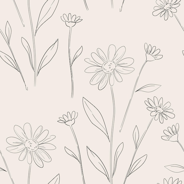 Hand Drawn Chamomiles Pattern Vector Illustration Ink Flowers Seamless