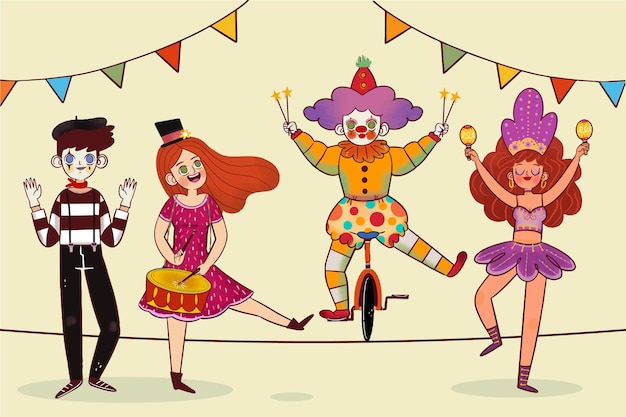 Vector hand drawn characters wearing carnival costumes