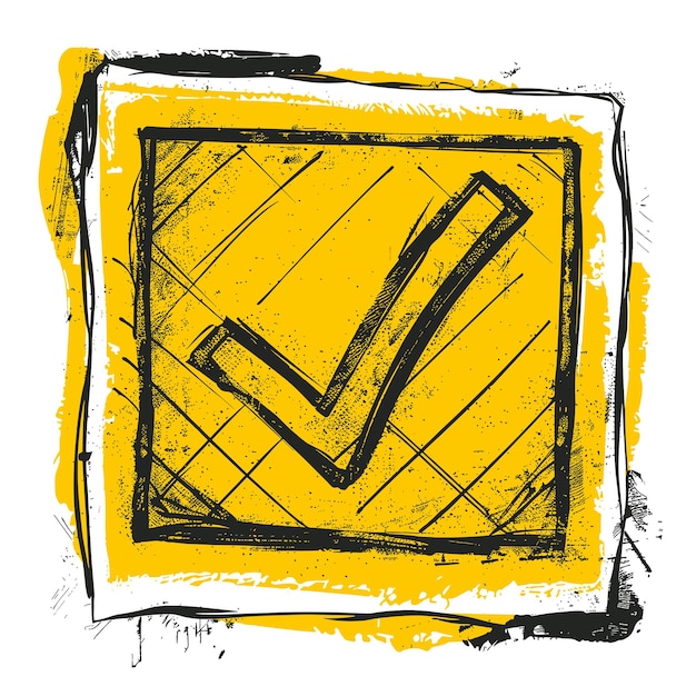 Hand drawn check mark on yellow grunge background Vector illustration