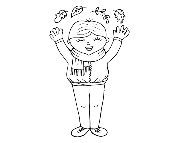 Hand drawn cheerful boy and autumn leaves. Sketch for coloring, autumn illustration, vector