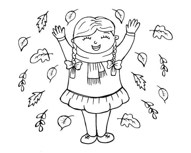 Hand-drawn cheerful girl and autumn leaves. Sketch for coloring, autumn illustration, vector