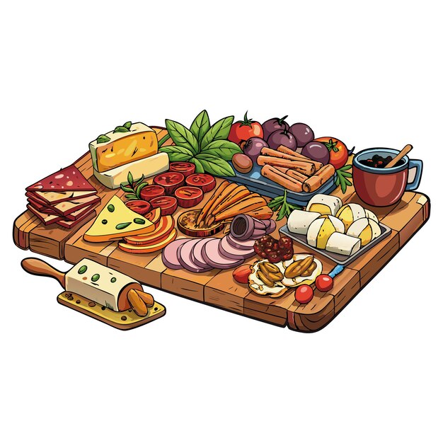 Vector hand drawn cheese board illustration with others food elements cheese on wooden table dairy produc