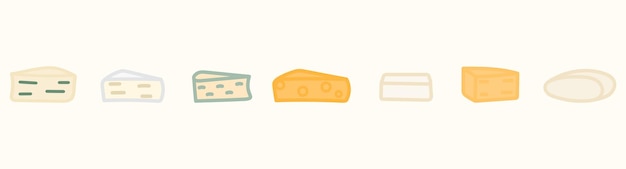 Hand drawn cheese collection. Dorblue, Feta, Mozzarella, Cheddar, Camembert set.