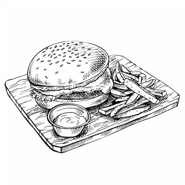 Hand drawn cheeseburger on wood.  Sketch Big humburger with cutlets, cheese, tomatoes, lettuce. american food.