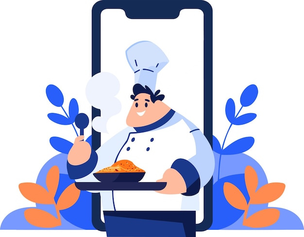 Vector hand drawn chef character teaching cooking in the concept of teaching online cooking in flat style isolated on background