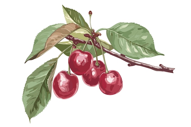 Hand drawn cherry branch with red berries and leaves isolated on white Vector illustration in color