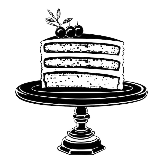 Vector hand drawn cherry cake slice in woodcut style black and white vector illustration