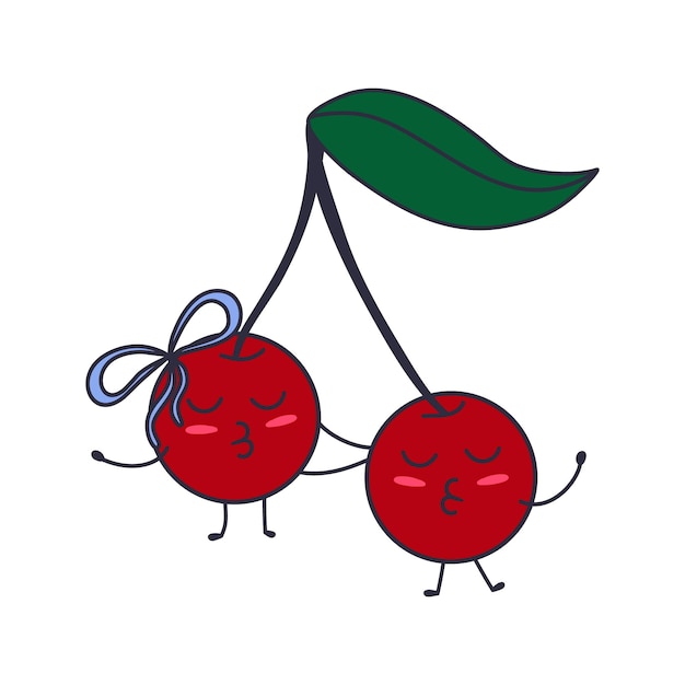 Hand drawn cherry couple in love. Doodle style vector illustration isolated on white.