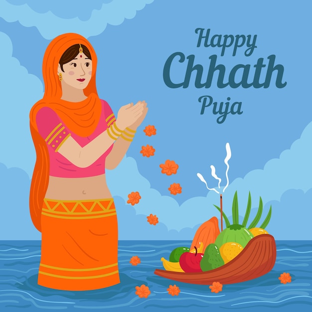 Hand drawn chhath puja