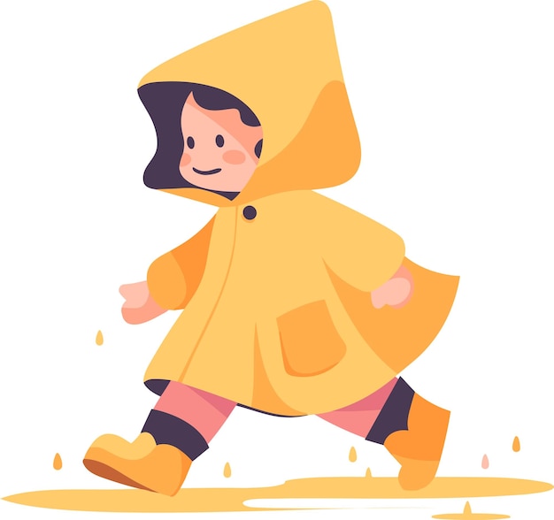 Vector hand drawn a child in a raincoat showing a joyful expression that it is raining in flat style isolated on background