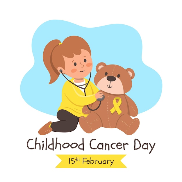 Hand-drawn childhood cancer day illustration with little girl and teddy bear