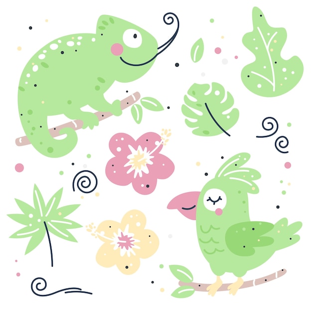 Hand drawn childish set with chameleon and parrot 