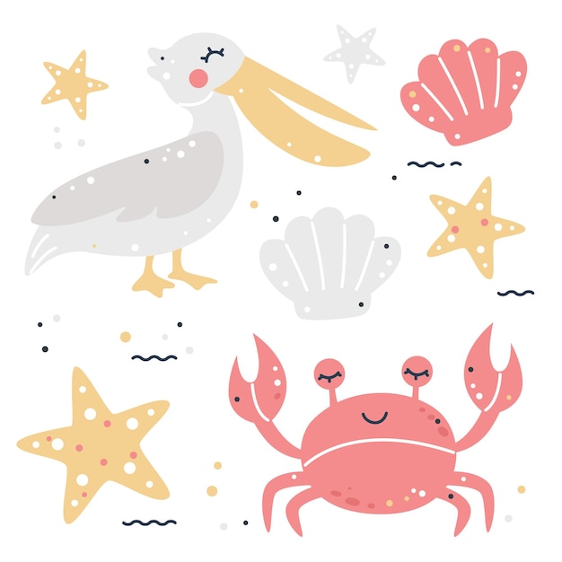 Hand drawn childish set with pelican, crab, starfishes and shells