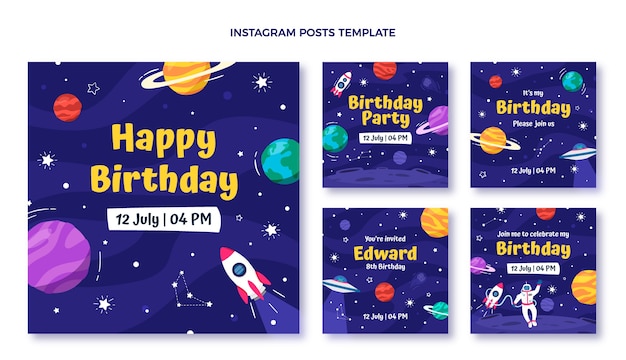 Hand drawn childlike birthday instagram posts collection