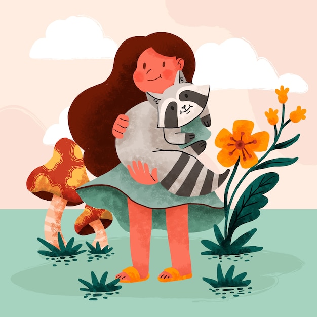 Hand drawn children with animals illustration