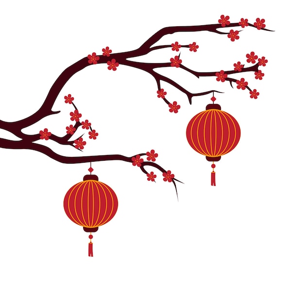 Hand drawn chinese lantern design with branches and flowers