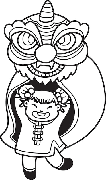 Hand Drawn chinese lion dance with chinese girl illustration