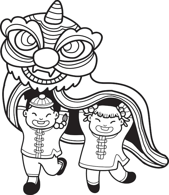 Hand Drawn Chinese lion dancing with Chinese children illustration