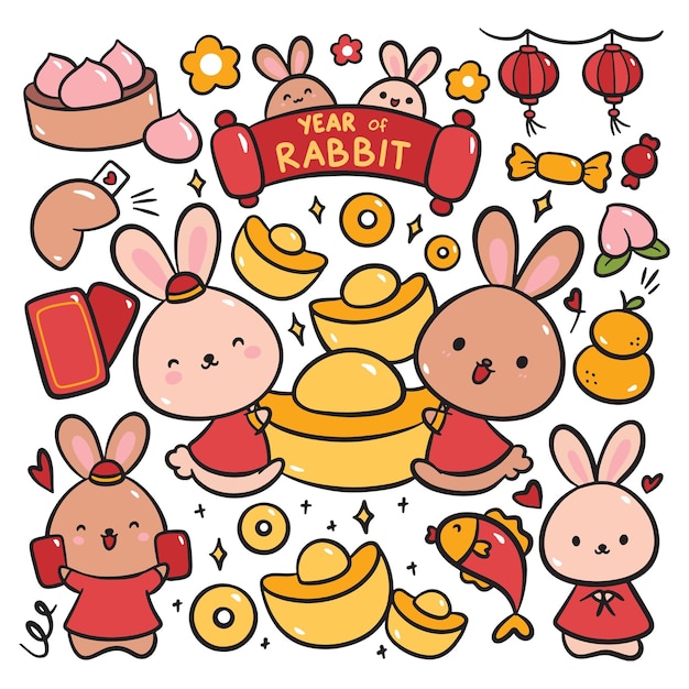 Hand drawn Chinese new year doodle, year of rabbit