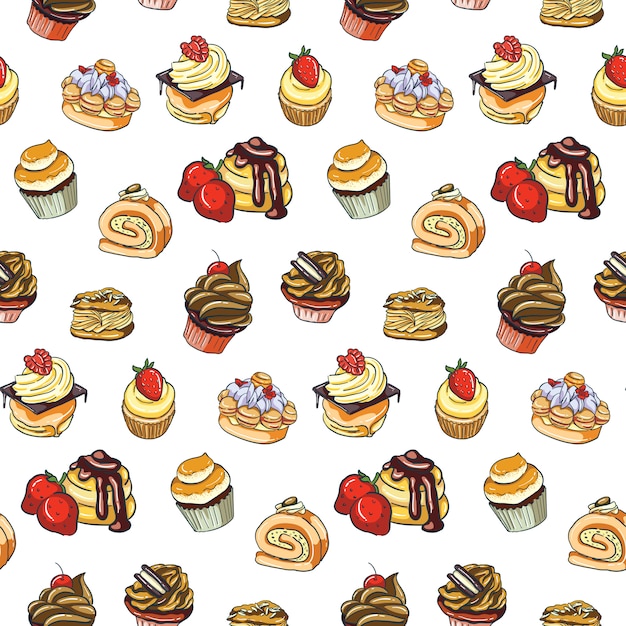 Hand drawn chocolate cake seamless pattern