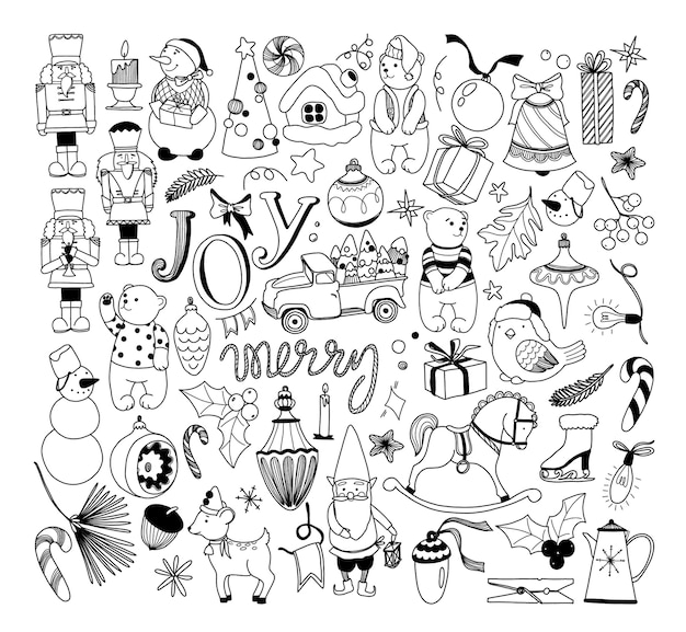 Hand drawn Christmas   clipart Doodle Christmas set  Vintage Christmas toys outline