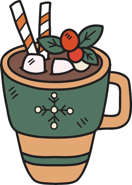 Hand Drawn Christmas Cocoa with marshmallows coffee mug illustration