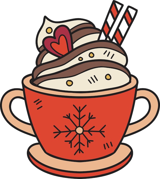 Hand Drawn Christmas Cocoa with marshmallows coffee mug illustration