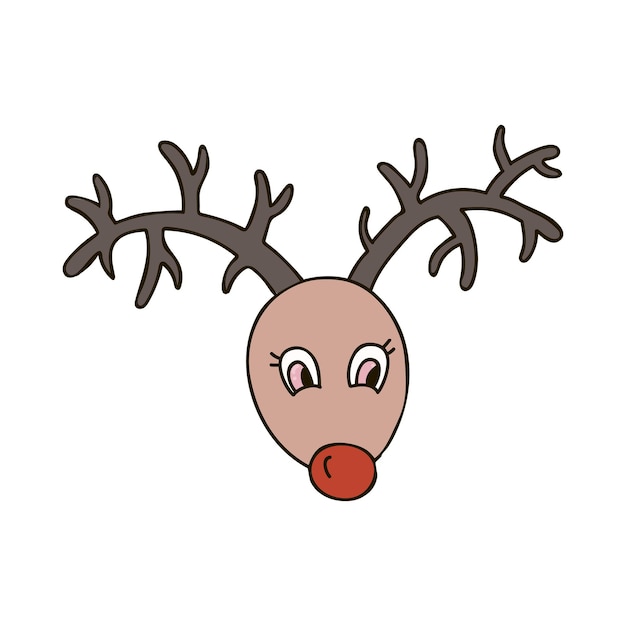 Hand drawn Christmas deer with in doodle style Santa's helper with red nose Christmas sign Vector illustration with doodle outline isolated on background Suitable for paper craft fabric sticker