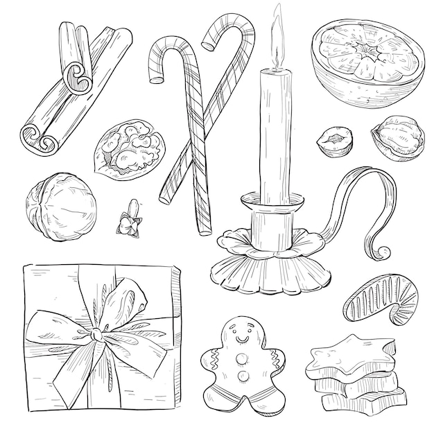 Hand drawn Christmas elements, sweets and holiday attributes on white background