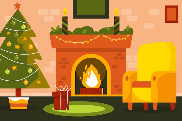 Hand drawn christmas fireplace scene