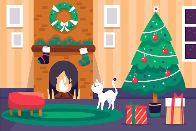 Hand drawn christmas fireplace scene