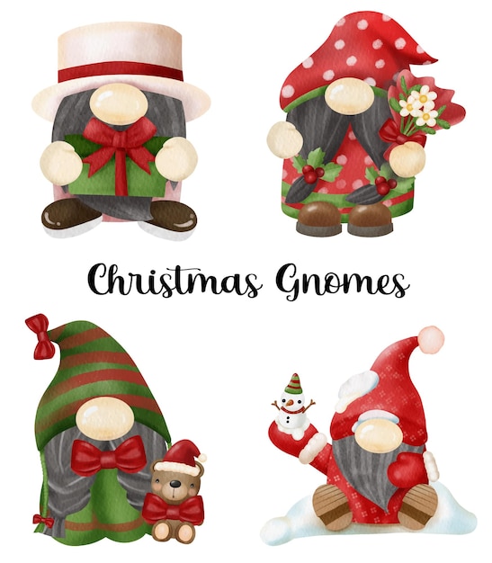 Vector hand drawn christmas gnomes watercolor vector collection