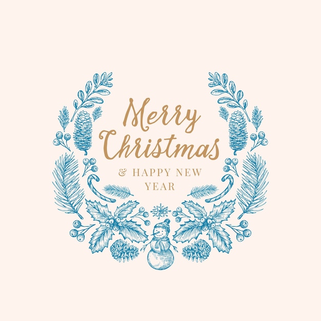 Hand Drawn Christmas Greetings Sketch Wreath, Banner or Card Template.