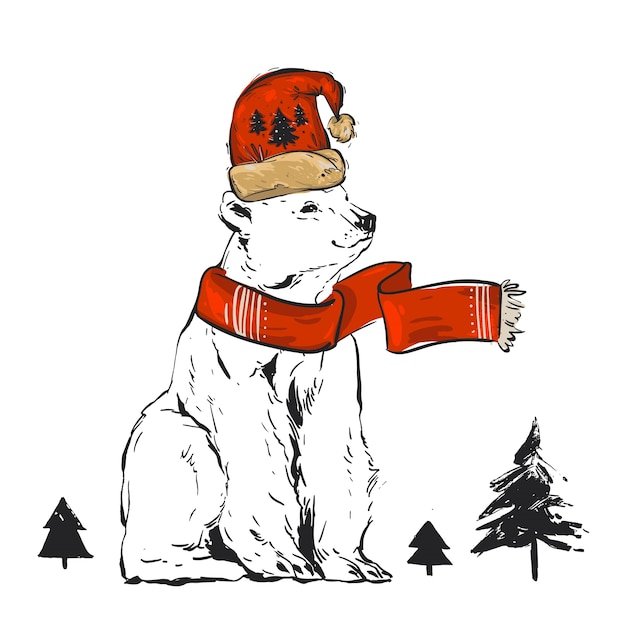 Hand drawn   Christmas illustration with North Pole white polar bear in red Santa hat and Christmas tree isolated