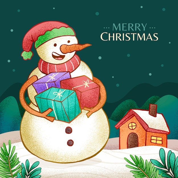 Hand drawn christmas illustration with snowman holding presents