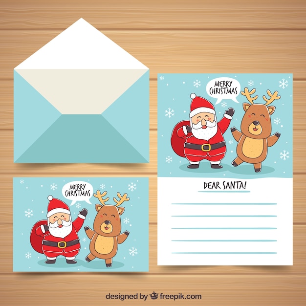 Hand drawn christmas letter template with santa claus and a reindeer