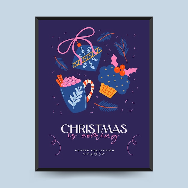 Hand drawn Christmas and New Year greeting card or poster with lettering decorative elements