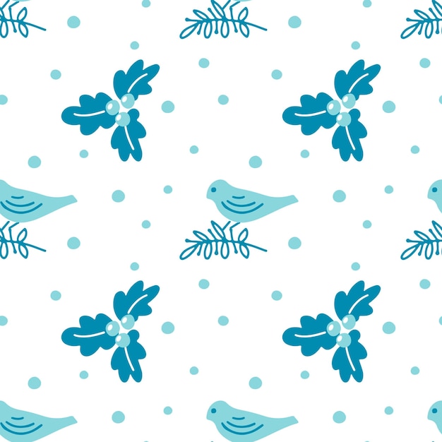 Hand drawn Christmas seamless pattern with Christmas  branches leaves and birds  on white