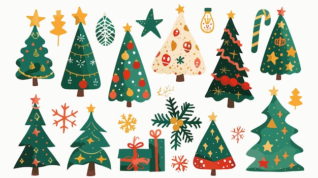 Hand Drawn Christmas Tree Icons and Elements Flat Vector Illustration