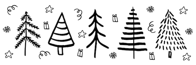 Hand drawn Christmas tree set doodle black vectors collection linear style symbols collection