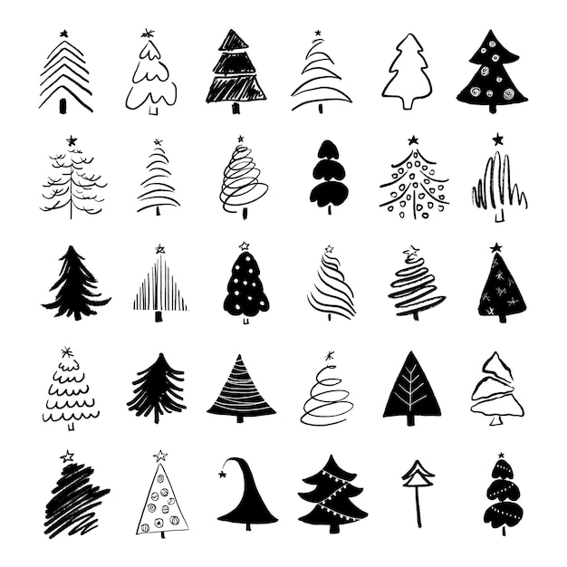 hand drawn Christmas trees set. Vector illustration