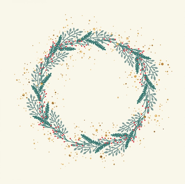 Hand Drawn Christmas Wreath with Gold Accents Background