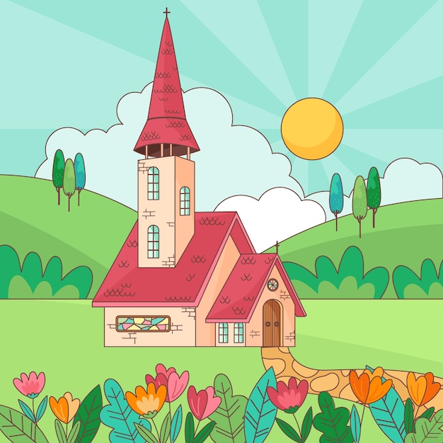 Hand drawn church building illustration