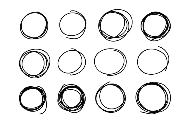 Hand drawn circle black line scribbles set