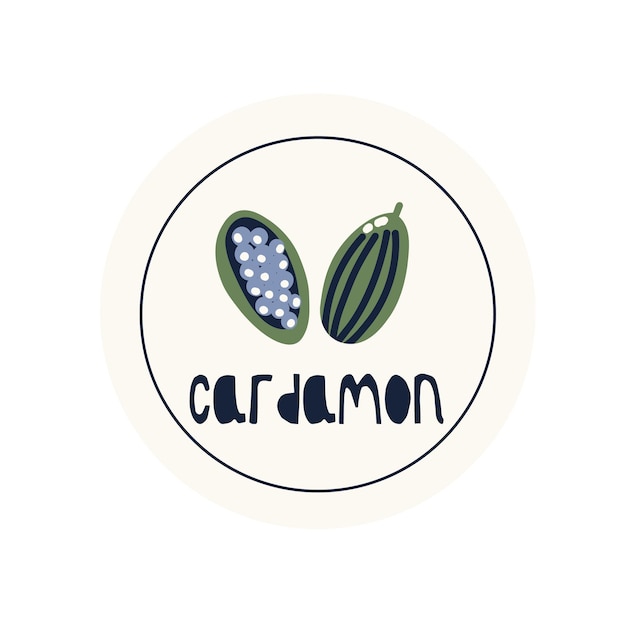 Hand Drawn circle illustrated sticker label spice herb cardamon