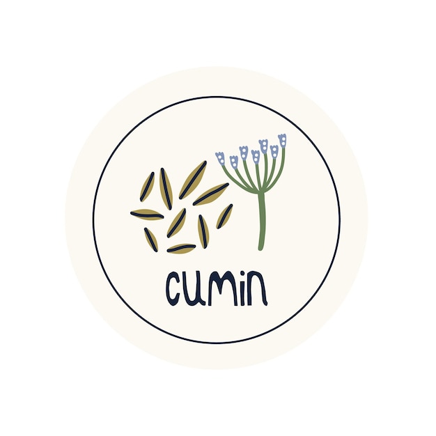 Hand Drawn circle illustrated sticker label spice herb cumin