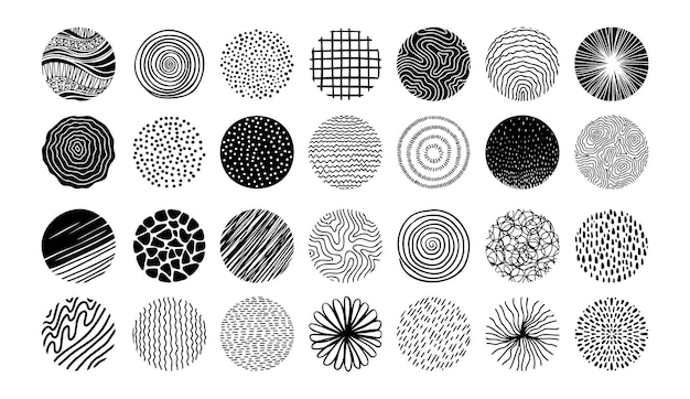 Hand drawn circles doodle texture round trendy abstract set black shapes with lines circles drops