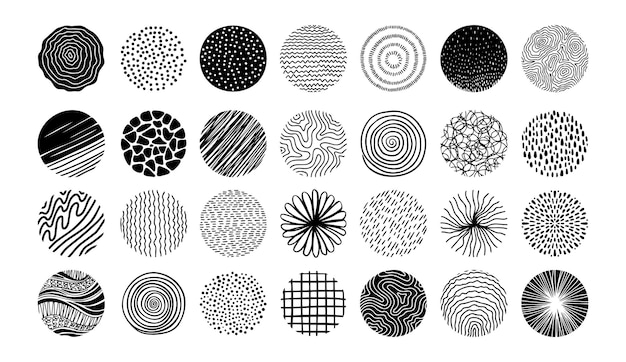 Hand drawn circles doodle texture round trendy abstract set black shapes with lines circles drops